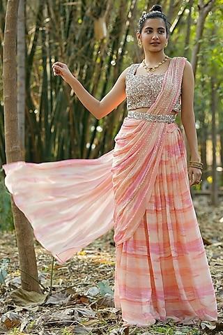 pink ombre chinon silk embroidered pre-draped saree set