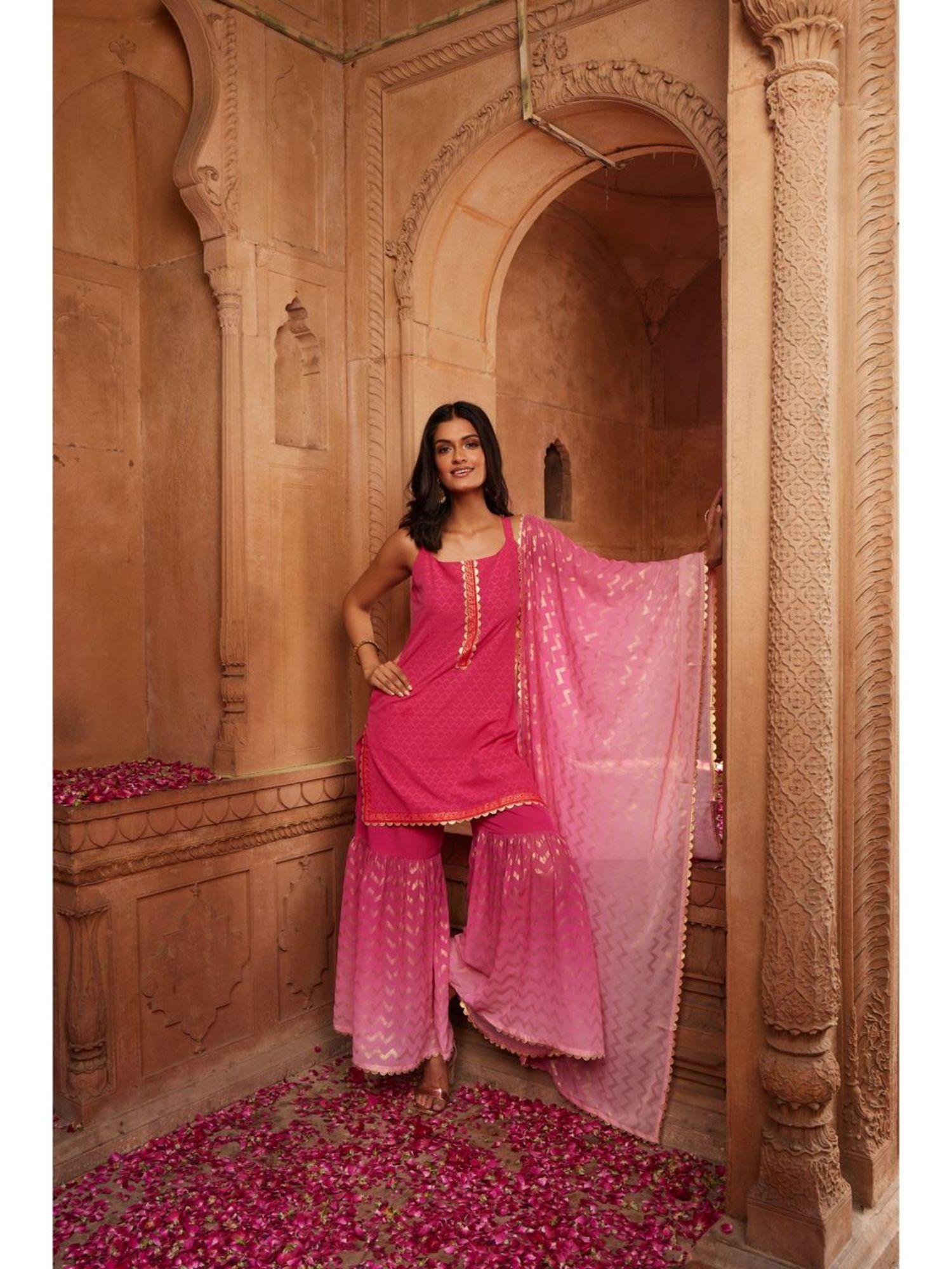 pink ombre printed shoulder straps straight sharara set with dupatta