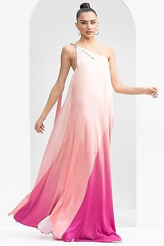 pink ombre satin one-shoulder dress