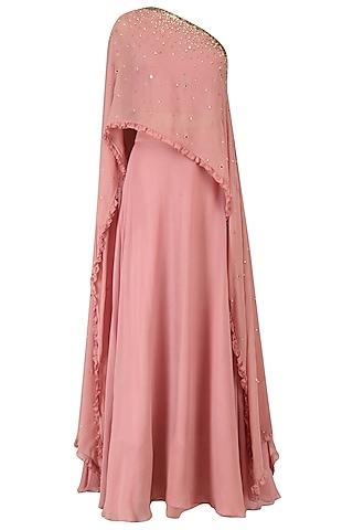 pink one shoulder embroidered cape with lehenga set