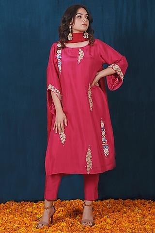 pink opada silk resham & thread embroidered kurta set