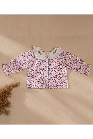 pink organic cotton floral printed & hand embroidered top for girls