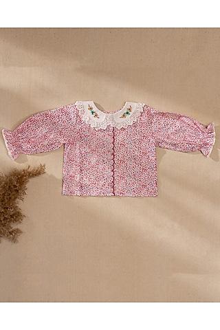 pink organic cotton floral printed & hand embroidered top for girls