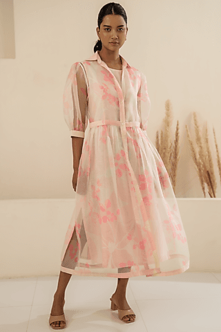 pink organza & chanderi printed jacket dress