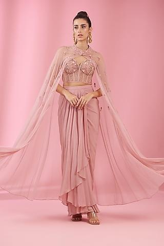 pink organza & net embroidered cape set