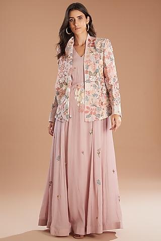 pink organza applique embroidered jacket dress