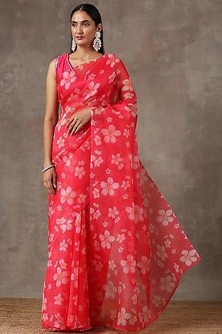 pink organza chanderi floral printed saree set