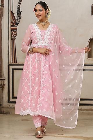 pink organza chikankari embroidered anarkali set