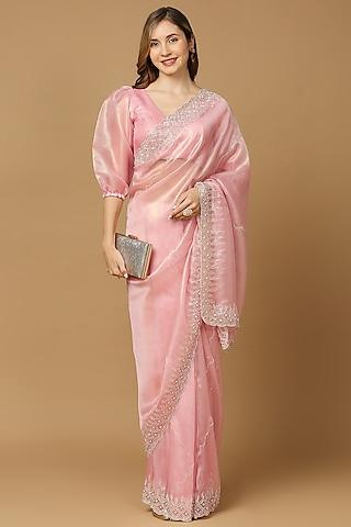 pink organza cutdana embroidered saree set