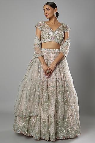 pink organza embellished lehenga set