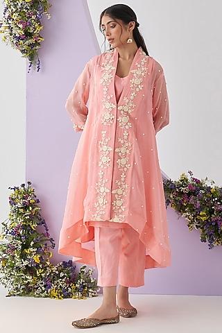 pink organza embroidered kurta set