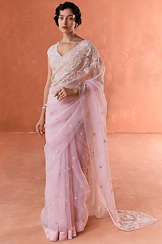 pink organza embroidered saree set