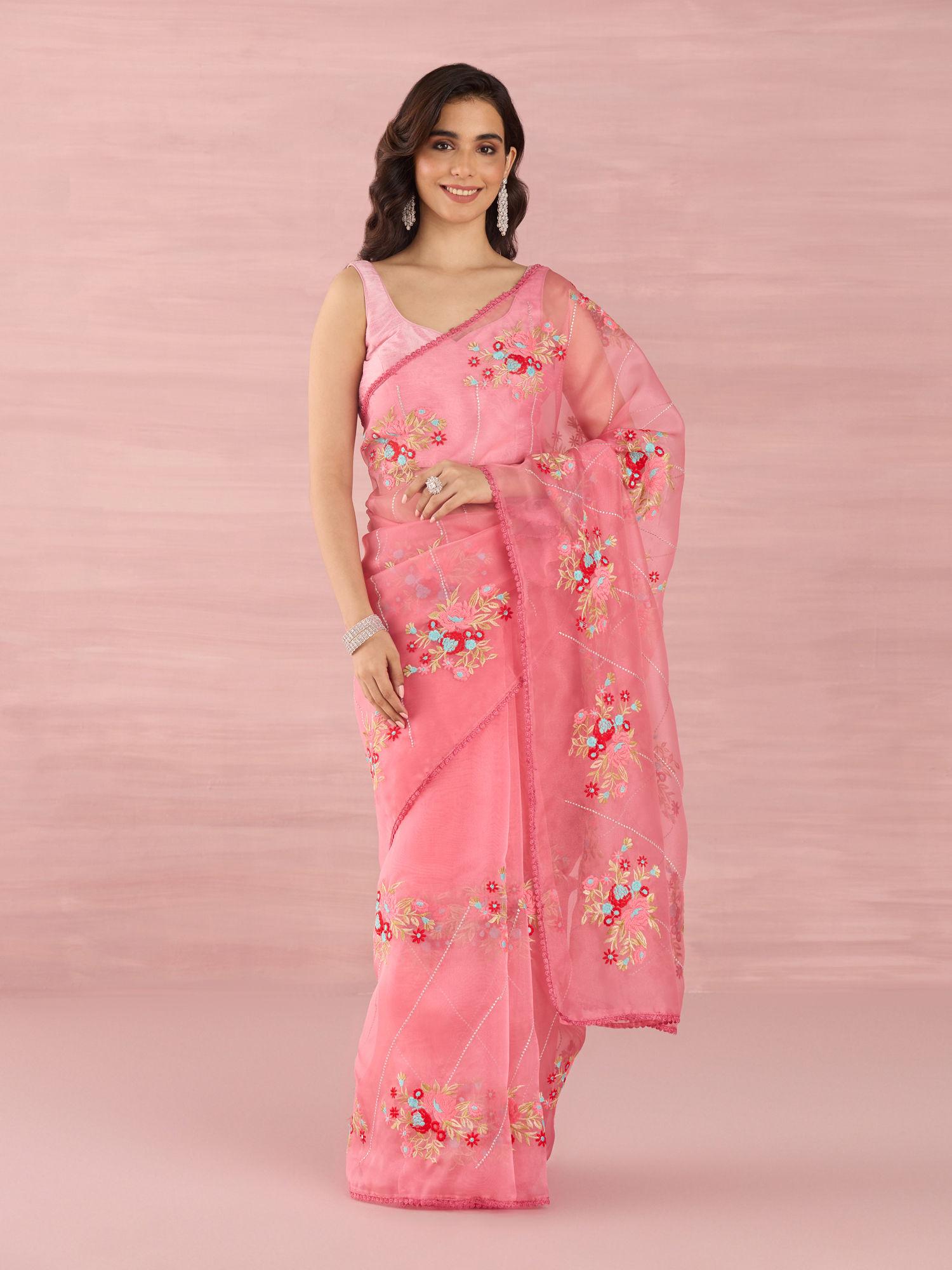 pink organza embroidered thread work saree with unstitched blouse