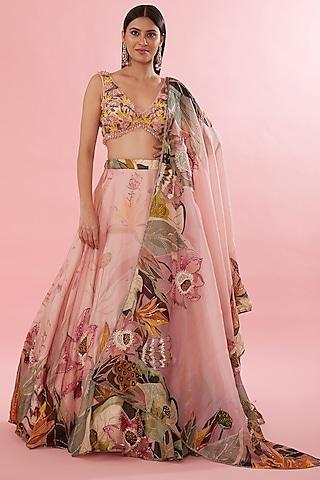 pink organza floral digital printed & machine embroidered lehenga set