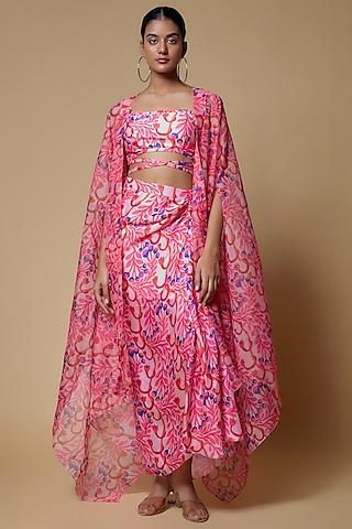 pink organza floral leaf printed cape set