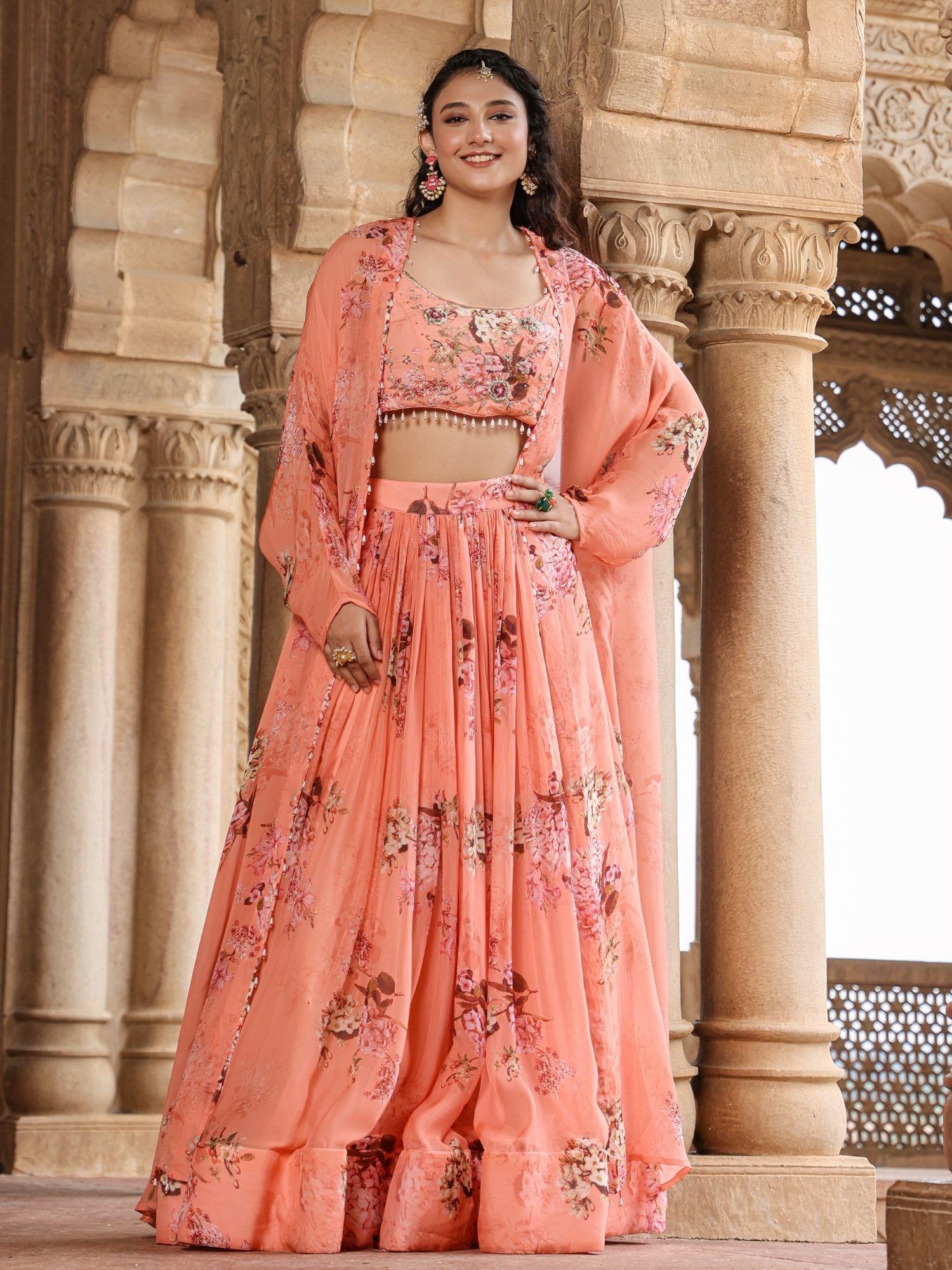 pink organza floral print & embellished lehenga blouse with cape (set of 3)