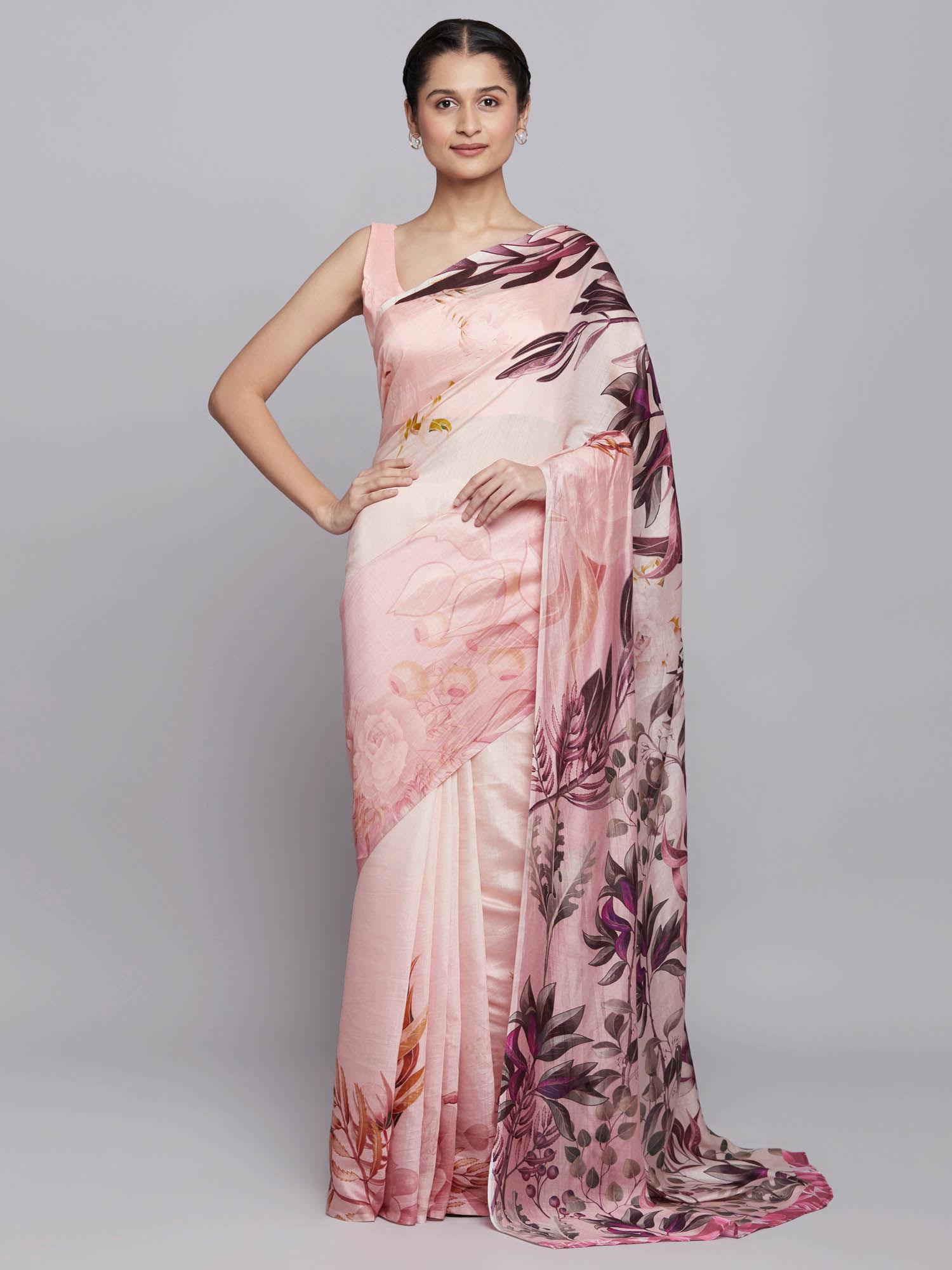 pink organza floral print saree with unstitched blouse