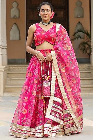 pink organza floral printed & gota embroidered lehenga set