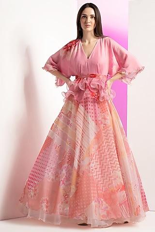 pink organza floral printed peplum gown with belt