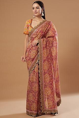 pink organza floral printed saree set