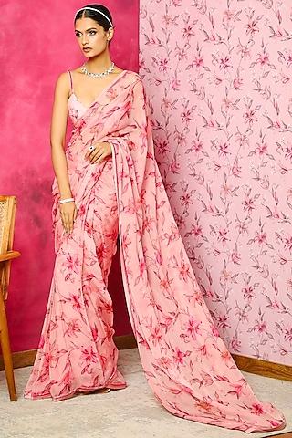 pink organza floral printed saree set