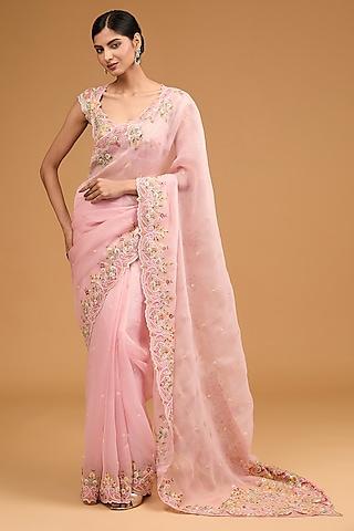 pink organza hand embroidered saree set