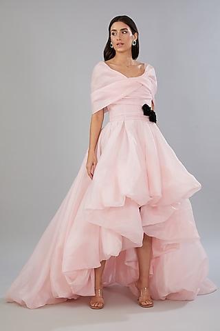 pink organza high-low off-shoulder dress