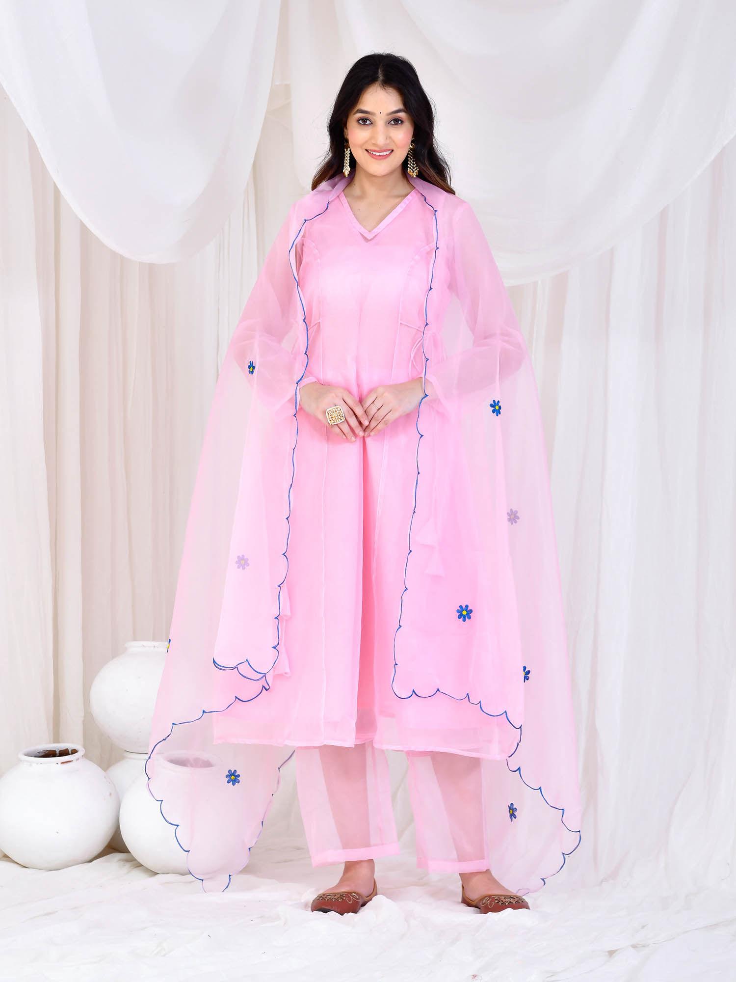 pink organza kurta with pant, inner and dupatta (set of 4)