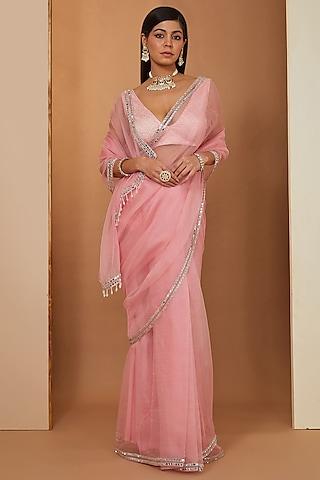 pink organza mirror embellished saree set
