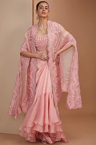 pink organza moti embroidered butterfly cape set