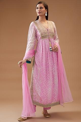 pink organza printed & embroidered kurta set