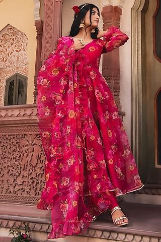 pink organza printed anarkali set