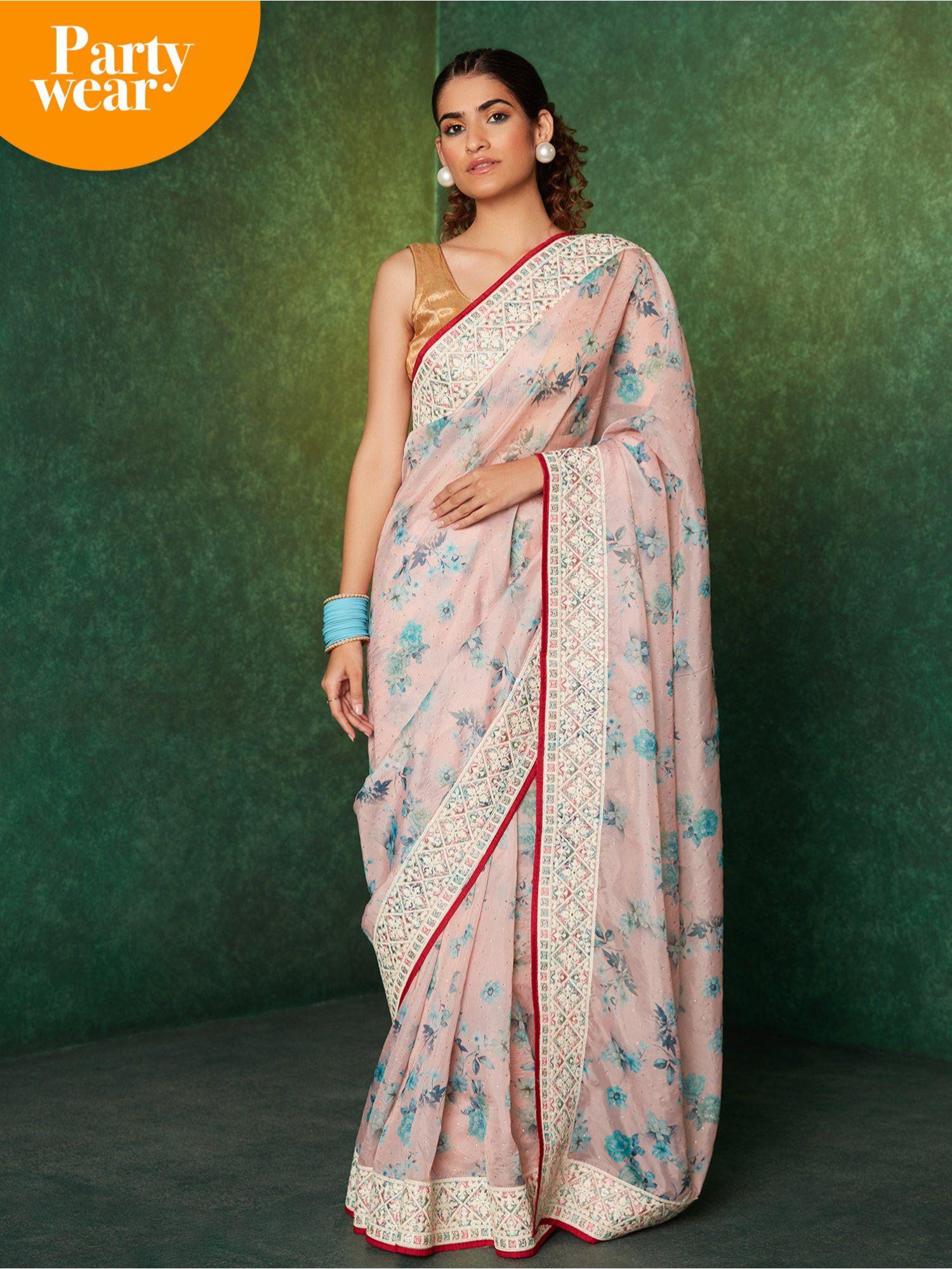 pink organza printed embellished & sequined saree with unstitched blouse