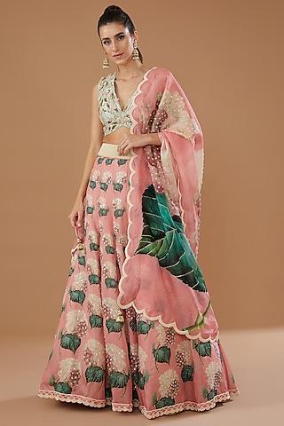 pink organza printed lehenga set