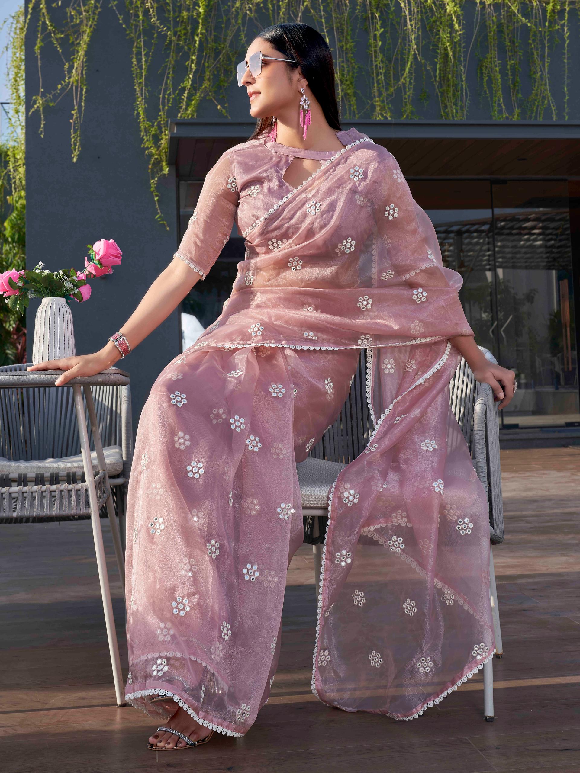 pink organza saree with mirror embroidery with unstitched blouse