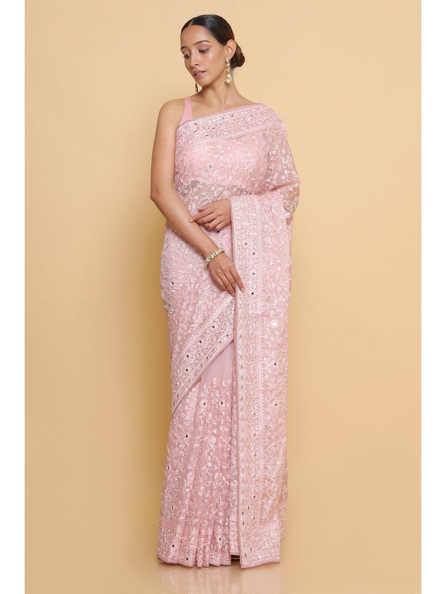 pink organza saree with self floral embroidery with unstitched blouse
