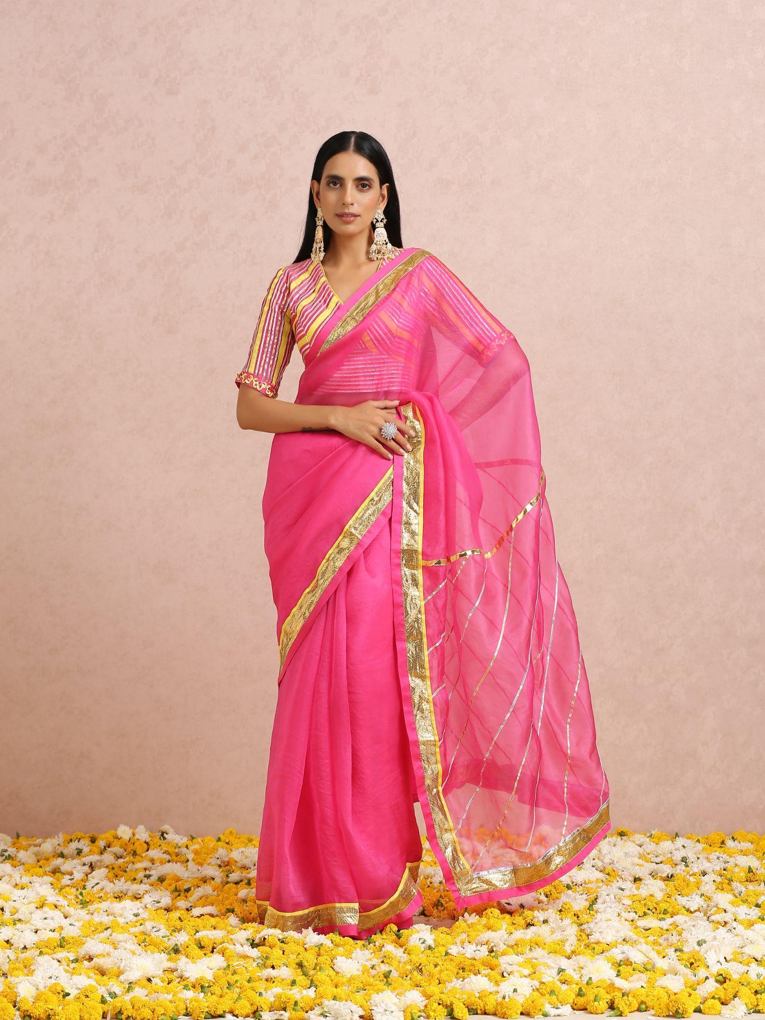 pink organza saree with stitched blouse