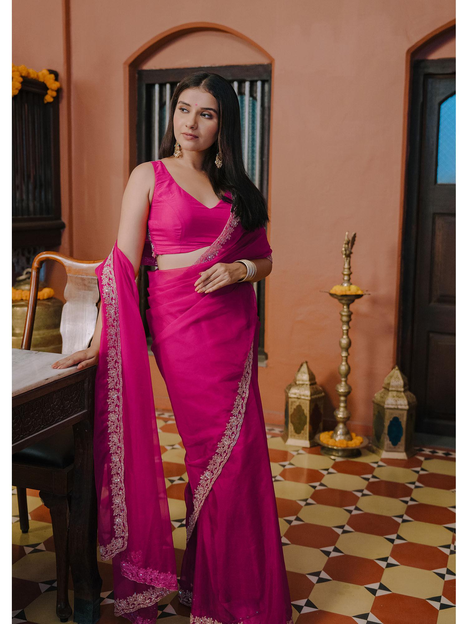 pink organza saree with unstitched blouse