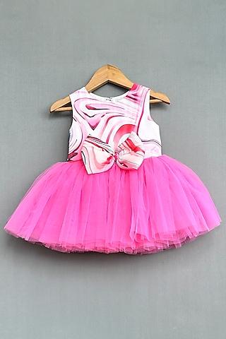 pink organza satin swirl printed layered dress for girls