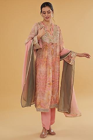 pink organza sequins embroidered & marble printed kurta set