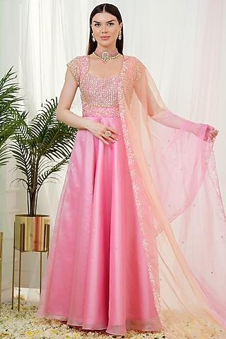 pink organza sequins hand embroidered anarkali with dupatta