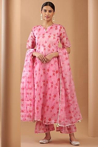 pink organza silk floral embroidered anarkali set