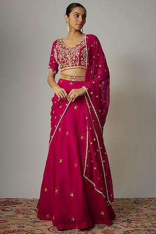 pink organza thread & mirror embroidered lehenga set