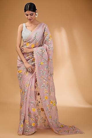 pink organza thread hand & machine embroidered saree set