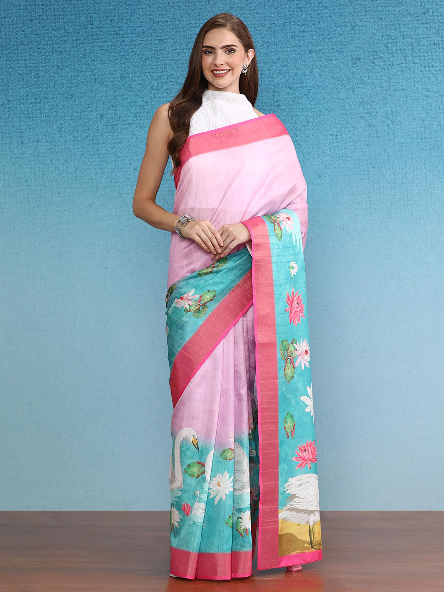 pink oversized animal printed zari border silk saree with unstitched blouse
