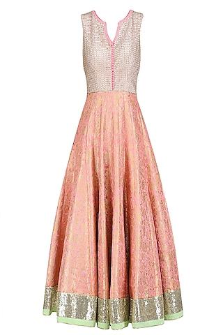 pink paisley pattern handwoven brocade anarkali set