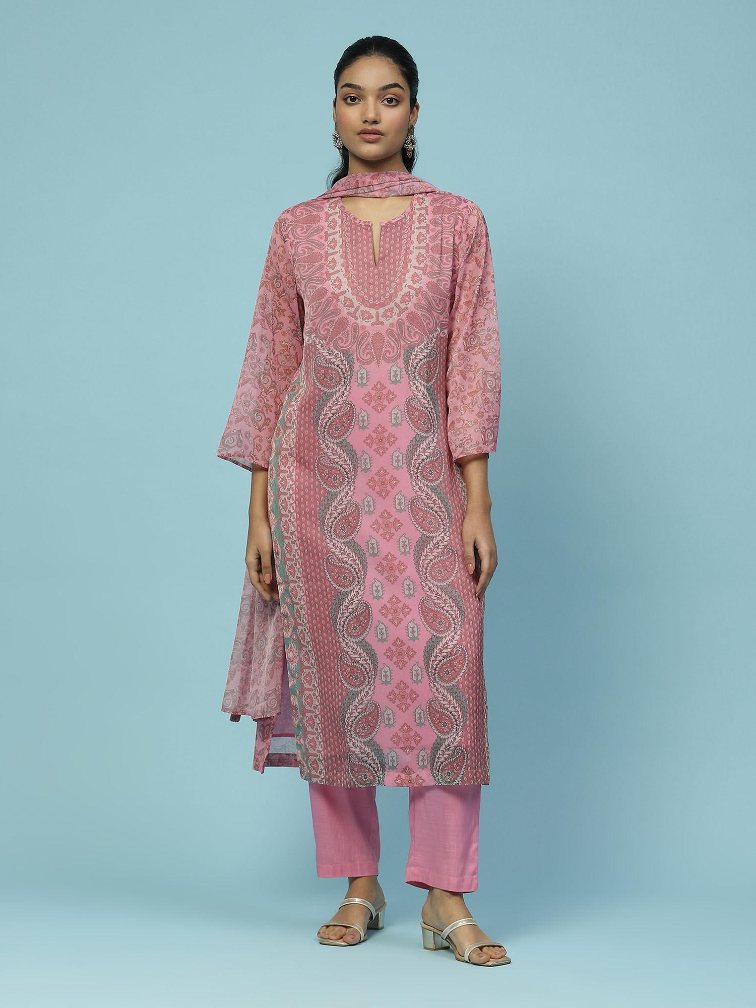 pink paisley print kurta with pant and dupatta (set of 3)