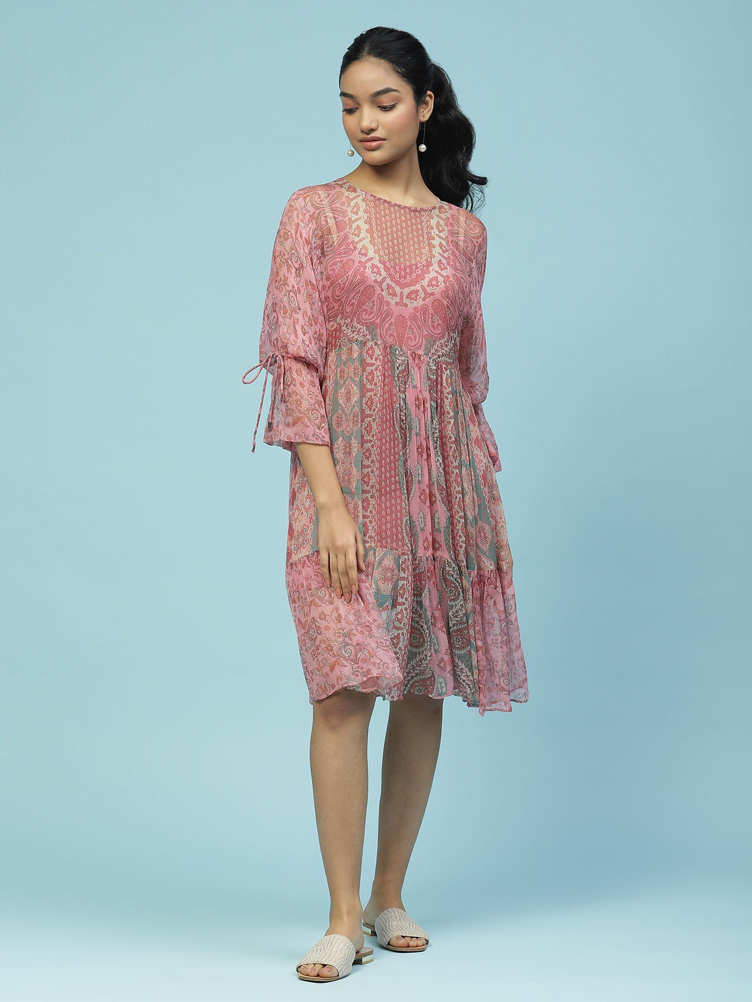 pink paisley print mini dress with camisole (set of 2)