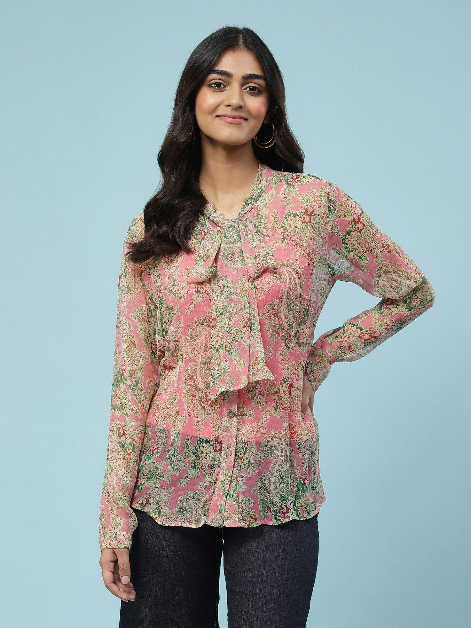 pink paisley print tie up shirt with inner (set of 2)