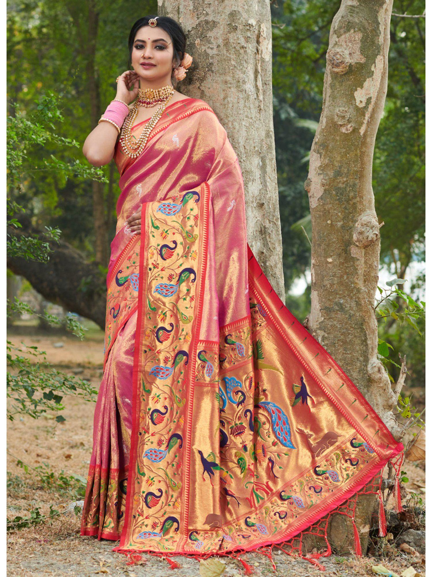 pink paithani silk woven zari work traditional tassel saree with unstitched blouse